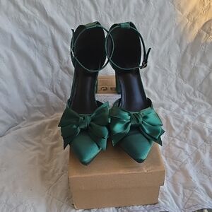 Emerald Green Satin Pointed-Toe Bow Ankle-Strap Heels